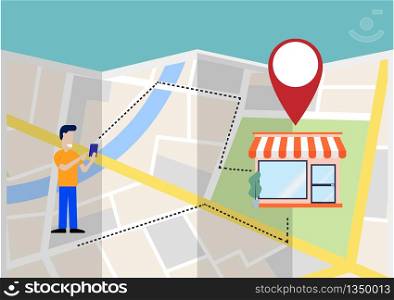 A Man Using GPS on Mobilephone to Find the Shop on the Fold Map