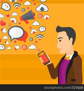 A man using smartphone with lots of social media application icons flying out vector flat design illustration isolated on yellow background. Square layout.. Social media applications.
