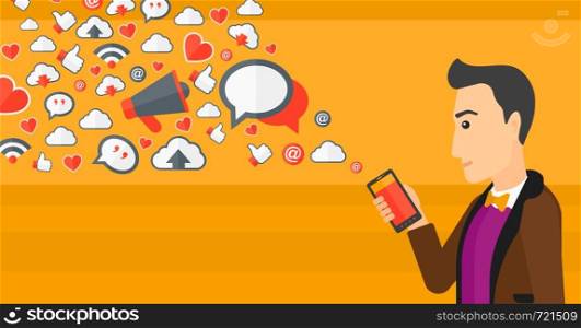A man using smartphone with lots of social media application icons flying out vector flat design illustration isolated on yellow background. Horizontal layout.. Social media applications.