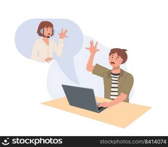  A man using via video call app in laptop. Online Video call conversation or chat. communication technology concpet. Vector illustration