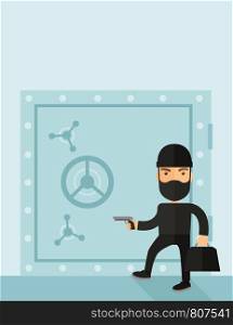 A man wearing black with mask to disguise doing crime hacking bank safe. Criminal, illegal concept. A Contemporary style with pastel palette, soft blue tinted background. Vector flat design illustration. Vertical layout with text space on top part.. Man in black hacking bank safe.