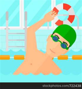 A man wearing cap and glasses training in swimming pool vector flat design illustration. Square layout.. Swimmer training in pool.