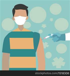 A man wearing the face mask is being vaccinated on his arm.