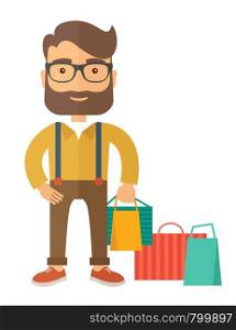 A man who go shopping with paper bags. A contemporary style. Vector flat design illustration with isolated white background. Vertical layout. . Man who go shopping.