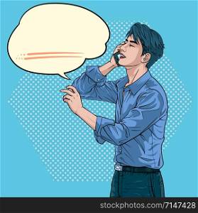 A man who is talking on a mobile phone Businessmen Illustration vector On pop art comics style Abstract dot colorful background