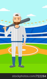 A man with a bat on the baseball stadium vector flat design illustration. Vertical layout.. Baseball player with bat.