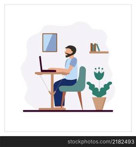 A man with a beard sits at home and works on a computer. Vector illustration in flat style. The concept of freelancing, online learning, and working at home. Isolation and coronovirus.