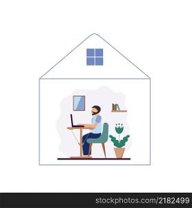 A man with a beard sits on a chair and works at a laptop. A person works at home on a computer. Flat vector illustration. The concept of freelancing, working at home, online learning