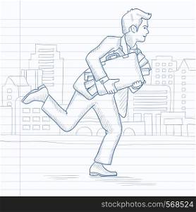 A man with a briefcase full of money running in the city. Hand drawn vector sketch illustration. Notebook paper in line background.. Man running with suitcase full of money.