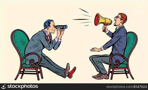 a man with a bullhorn megaphone loudspeaker and a second man with binoculars. Two interlocutors. negotiations discussion concept. Pop art retro vector illustration kitsch vintage 50s 60s style. a man with a bullhorn megaphone loudspeaker and a second man with binoculars. Two interlocutors. negotiations discussion concept