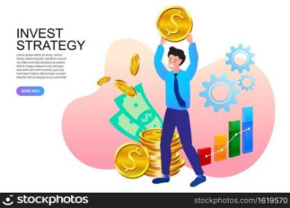 A man with a gold coin. Businessman standing at golden stacks of coins. Investing and investing money in ideas. Successful business strategy, sales growth, investment. Vector illustration, eps, flat.