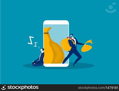 A man with a hand wants to steal information on smart phone. Flat design, vector illustration, vector.