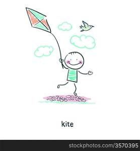 A man with a kite. Illustration.