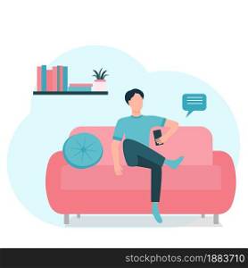 A man with a phone in his hands sits on the couch and sends a message. The person is chatting online. Distance communication. Concept, vector illustration.. A man with a phone in his hands sits on the couch and sends a message.