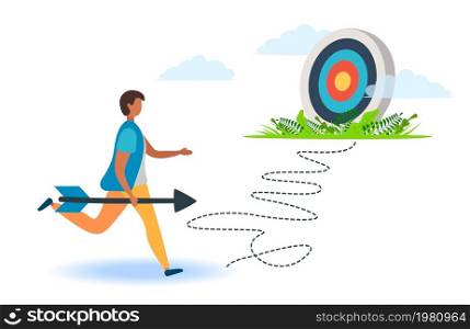 A man with an arrow is running towards his goal along a winding road, motivation is advancing, the path to achieving the goal is high, through clouds or stairs, steps of achievement, steps. A man with an arrow is running towards his goal along a winding road, motivation is advancing, the path to achieving the goal is high