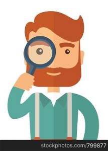 A man with beard holding while looking through a magnifying glass to figure out his business. Vector flat design illustration isolated on white background. Vertical layout. . Man with the magnifying glass.