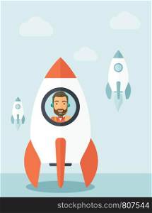 A man with beard is happy inside the rocket it is a metaphor for starting a business, new beginning. On-line start up business concept. A Contemporary style with pastel palette, soft blue tinted background with desaturated clouds. Vector flat design illustration. Vertical layout.. On- line business start up