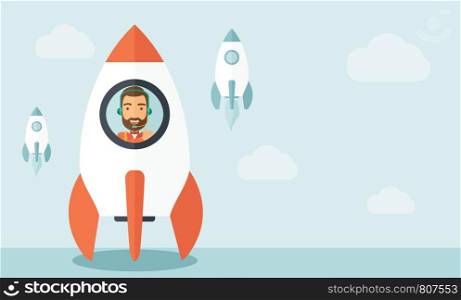 A man with beard is happy inside the rocket it is a metaphor for starting a business, new beginning. On-line start up business concept. A Contemporary style with pastel palette, soft blue tinted background with desaturated clouds. Vector flat design illustration. Horizontal layout.. On- line business start up