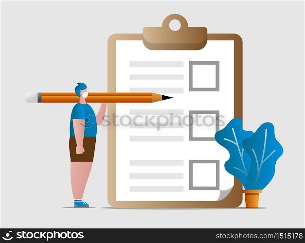a man with big pencil and check list board vector illustration cartoon flat design