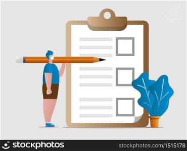 a man with big pencil and check list board vector illustration cartoon flat design