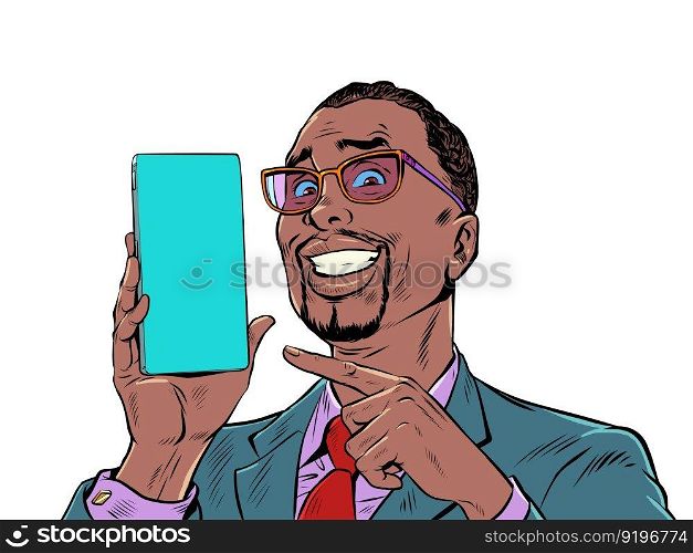 A man with black hair and fashionable glasses smiles and points to the phone. Product demonstration or offer on smartphone. The joy of a perfect purchase. Pop Art Retro Vector Illustration Kitsch Vintage 50s 60s Style On a white background. A man with black hair and fashionable glasses smiles and points to the phone. Product demonstration or offer on smartphone. The joy of a perfect purchase. Pop Art Retro On a white background