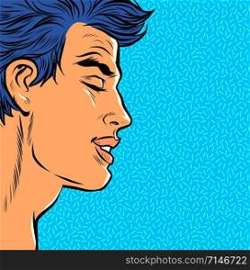 a man with his eyes closed. face kiss. feelings passion romance. Pop art retro vector illustration kitsch vintage drawing. a man with his eyes closed. face kiss. feelings passion romance