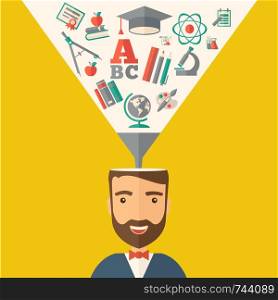A man with icons and student ideas. A Contemporary style with pastel palette, dark yellow tinted background. Vector flat design illustration. Square layout.. Man with icons. Student ideas.