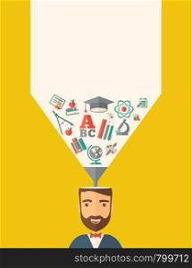A man with icons and student ideas. A Contemporary style with pastel palette, dark yellow tinted background. Vector flat design illustration. Vertical layout with text space on top part.. Man with icons. Student ideas.