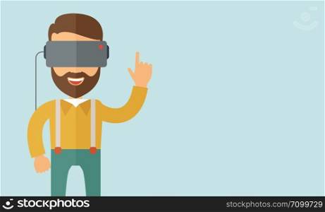 A man with isometric virtual reality headset. A Contemporary style with pastel palette, soft blue tinted background. Vector flat design illustration. Horizontal layout with text space in right side.. Man with virtual reality headset