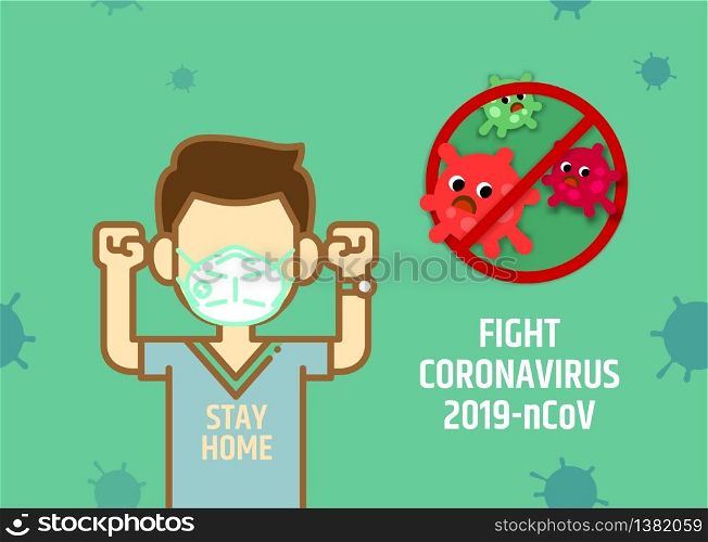 A man with medical mask raised arms in fight Coronavirus 2019-nCov concept. Stay home.