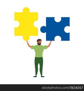 A man with puzzle pieces. Concept of work, constituent parts of a business, any business. Team metaphor.. Business concept. Team metaphor. people connecting puzzle elements. Vector illustration flat design style. Symbol of teamwork, cooperation, partnership.