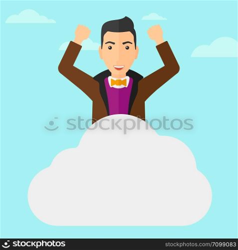 A man with raised hands sitting on a cloud on the background of blue sky vector flat design illustration. Square layout. . Man sitting on cloud.
