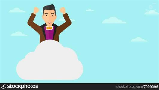 A man with raised hands sitting on a cloud on the background of blue sky vector flat design illustration. Horizontal layout. . Man sitting on cloud.