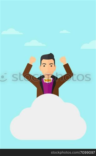 A man with raised hands sitting on a cloud on the background of blue sky vector flat design illustration. Vertical layout. . Man sitting on cloud.