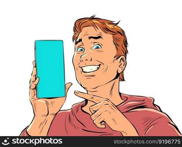 A man with red hair smiles and points to the phone. Product demonstration or offer on smartphone. The joy of a perfect purchase. Pop Art Retro Vector Illustration Kitsch Vintage 50s 60s Style On a white background. A man with red hair smiles and points to the phone. Product demonstration or offer on smartphone. The joy of a perfect purchase. Pop Art Retro On a white background
