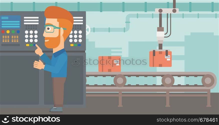 A man working on control panel at factory workshop vector flat design illustration. Horizontal layout.. Engineer standing near control panel.