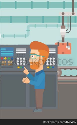 A man working on control panel at factory workshop vector flat design illustration. Vertical layout.. Engineer standing near control panel.