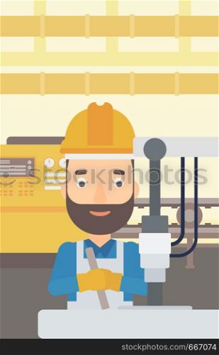 A man working with an industrial equipment on the background of factory workshop with conveyor belt vector flat design illustration. Vertical layout. . Man working with industrial equipment.