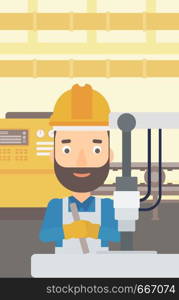 A man working with an industrial equipment on the background of factory workshop with conveyor belt vector flat design illustration. Vertical layout. . Man working with industrial equipment.