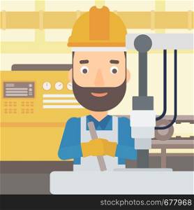 A man working with an industrial equipment on the background of factory workshop with conveyor belt vector flat design illustration. Square layout. . Man working with industrial equipment.