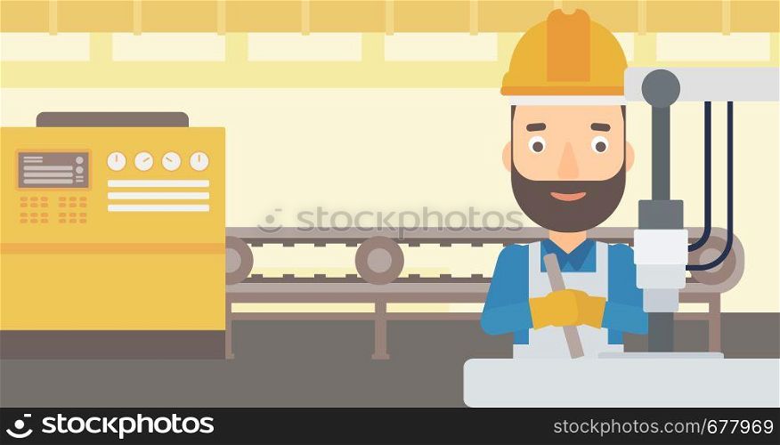 A man working with an industrial equipment on the background of factory workshop with conveyor belt vector flat design illustration. Horizontal layout. . Man working with industrial equipment.