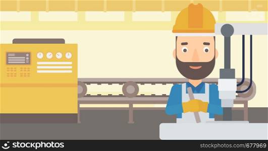 A man working with an industrial equipment on the background of factory workshop with conveyor belt vector flat design illustration. Horizontal layout. . Man working with industrial equipment.