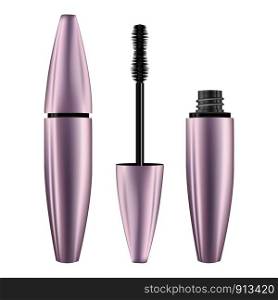 A mascara tube and wand applicator. Cosmetic bottle with eyelash brush. Isolated on white background. 3d realistic vector illustration. Good for web design, banners, posters, ad, advertising.