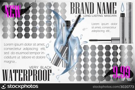A mascara tube and wand applicator. Cosmetic silver bottle with eyelash brush. Splashing water drops. Design 3d Cosmetics Product Pattern Template for Ads, Flyer or Magazine Background. Vector EPS10.