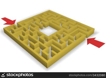 A maze - two red arrows point to entrances, which lead to copyspace in the center of the puzzle.
