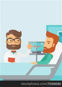 A medical caucasian patient being treated by an expert doctor in a hospital room. Contemporary style with pastel palette, soft blue tinted background. Vector flat design illustrations. Vertical layout with text space on top part.. Patient being treated by a doctor.