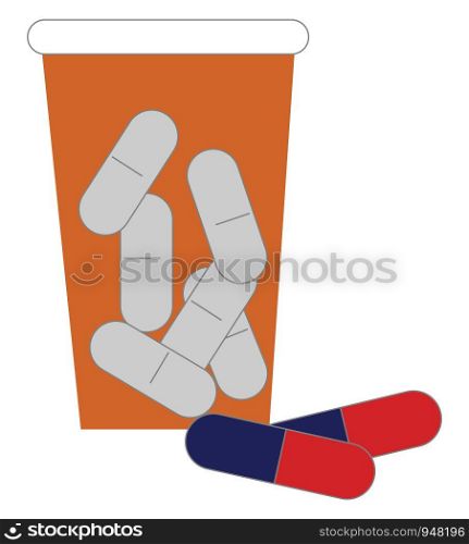 A medicines in and out of the smart pill brown container provided with a lid is set ready for the treatment of the human diseases, vector, color drawing or illustration.