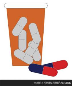 A medicines in and out of the smart pill brown container provided with a lid is set ready for the treatment of the human diseases, vector, color drawing or illustration.