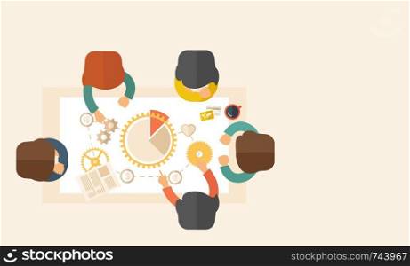 A meeting of a business people sitting facing each other in the office with coffee and papers on the table infront of them. Sharing and gathering ideas for their marketing plan. Teamwork concept. A contemporary style with pastel palette, beige tinted background. Vector flat design illustration. Horizontal layout with text space in right side.. Group meeting