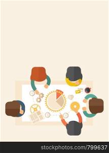 A meeting of a business people sitting facing each other in the office with coffee and papers on the table infront of them. Sharing and gathering ideas for their marketing plan. Teamwork concept. A contemporary style with pastel palette, beige tinted background. Vector flat design illustration. Vertical layout with text space on a top part.. Group meeting